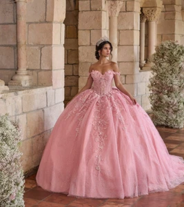 Princess Pink  Quinceanera Dresses with Big Bow Off the Shoulder Sweet 15 16 - Picture 1 of 9