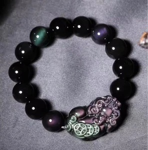 Natural Feng Shui Pixiu Rainbow Obsidian 10mm Beaded Good Luck Stretch Bracelet - Picture 1 of 10