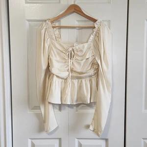 Six/Fifty Women's Ivory Satin Peasant Style Top Size SM Puff Shoulders Smocked - Picture 1 of 12