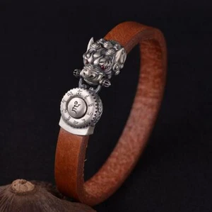 925 Sterling Silber Herren Orientalischer Drache Echtes Leder Armband A2531 - Bild 1 von 5