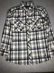 Red Ape Western Cowboy Shirt Size M Gray Plaid Long Sleeve Gold Button Accented - Picture 1 of 11