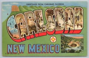 Postal de lino vintage con carta grande de saludos de las cavernas de Carlsbad Nuevo México - Imagen 1 de 2