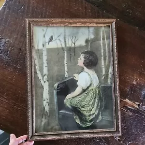 Stampa vintage 1936 ragazza e canzone uccellino John Drescher colore incorniciato litografia 13x18 - Foto 1 di 14