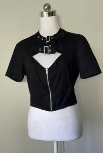Dangerfield Black "Scout Twill Buckle" Short Sleeve Crop Blouse/Shirt Size 8 - Picture 1 of 5