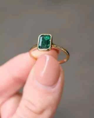 Natural Green Emerald 3Ct Emerald Cut Engagement Ring 14K Yellow Gold Plated - Image 1 of 4