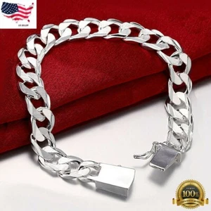 925 Sterling Silber plattiert Omen stilvoll breit 10 mm fett Kette Gliederarmband D481 - Bild 1 von 6