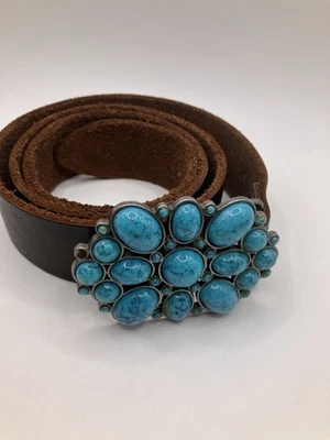 American Eagle BOHO Brown Leather Belt With Faux Turquoise Buckle S/P Bohemian - Image 1 of 4