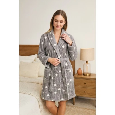 Sonoma Lunares Felpa Vellón Bata Prendas para dormir Mujeres S Gris Blanco Bolsillos Acogedora Foto 1 de 4