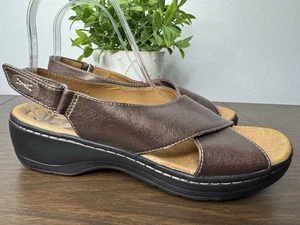 Clarks Collection Bronze Metallic Sandals Wedge Criss-Cross Straps Slingback - Picture 1 of 13