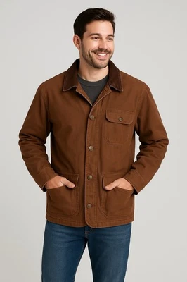 Club Room Men’s Brown Canvas Barn Jacket M Plaid Lining Leather Collar Vintage - Image 1 of 4