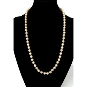 Vintage 8mm Knotted Cream Faux Pearl Necklace 24" Gold Tone Fishhook Clasp - Picture 1 of 6
