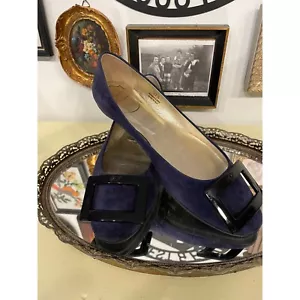 Roger Vivier Winter Navy Blue Suede Wide Buckle Ballet Flats Womens US 7.5 P2:3 - Picture 1 of 10