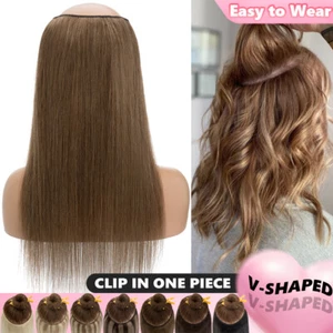 100% Real Remy Human Hair One Piece Clip In 3/4 Full Head V-Shaped Extensions - Picture 1 of 25