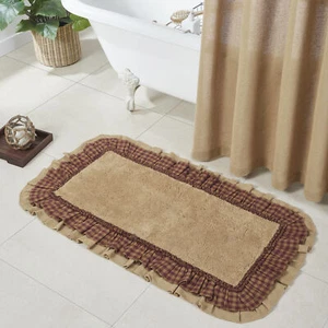 Bathmat Burlap Natural Burgundy Check Country 27x48 Ruffle Bath Decor VHC Brands - Picture 1 of 8