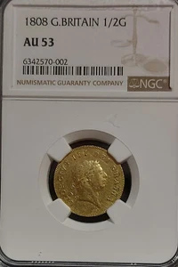 1808 GREAT BRITAIN George III GOLD 1/2 Guinea Coin NGC AU53 FULL GRADE, No Notes - Picture 1 of 4