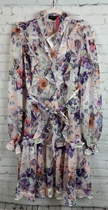BEULAH STYLE cotton blend chiffon frill floral semi sheer shift belt dress L NWT - Picture 1 of 12