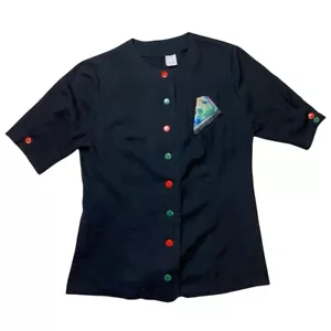 Blusa Top Camisa Vintage Años 80 Negra 12-14 Retro Verdadero Brillante Colorido Botón - Imagen 1 de 3