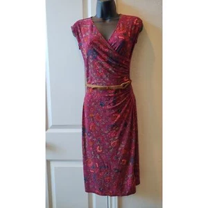 Abito Ralph Lauren Bright Merlot rosso floreale cintura intrecciata jersey elasticizzato, PXS $155 - Foto 1 di 10