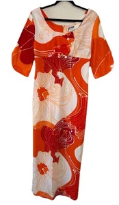 VTG 70s Malihini Hawaii Designer Collection Printed Maxi Dress Patio Dress M/L - Picture 1 of 13