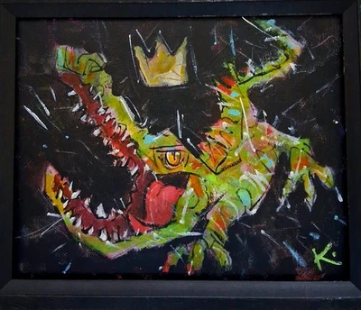 鳄鱼局外人绘画沼泽怪物涂鸦民间艺术独一无二抽象帆布 — 第 1/4 张图片