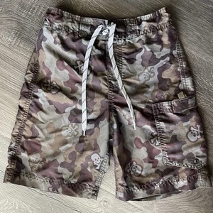 Boys Swim Trunks Medium 7/8 Camo W/ Skull & Cross Bones Breif Lined Drawstring - Picture 1 of 9