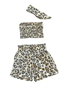 Zenana 2 Piece Short Set Animal Leopard Print Smocked Tube Top And Shorts SMALL - Picture 1 of 4