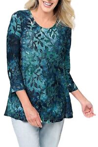 Susan Graver TieDyed Jacquard Knit 3/4Sleeve ALine Tunic Teal/Ink