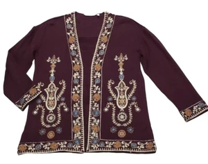Cardigan Sweater Soft Surroundings Medium Burgundy Detailed Floral Embroidery - Picture 1 of 12