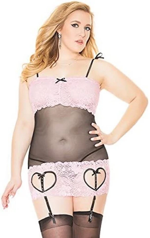 Кокетка женщин плюс размер кружева и сетки Chemise, черный/розовый, XL - Изображение 1 из 2