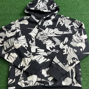 Nike Sportswear Black W/ White Grey Text All Over Print Hoodie Sweatshirt Size S - Picture 1 of 8
