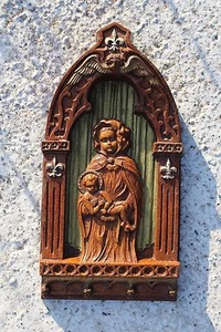 Rare Antique Flemish Hand Carved Wood Wall Chapel Virgin Mary with Child #146 - Picture 1 of 5