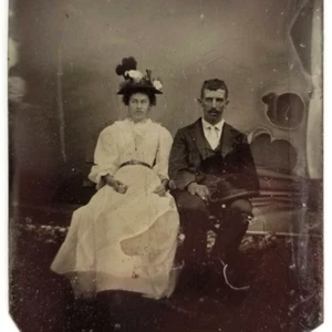Outdoor Tintype Photo Man And Woman Hats Plain Backdrop - Picture 1 of 5