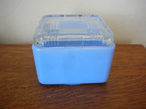Vintage Jeanette Glass Delphite Blue Square Refrigerator Dish - Hazel Atlas Lid - Picture 1 of 8