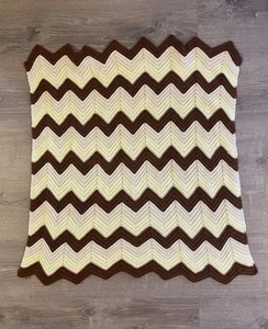 Handmade Vintage Chevron Afghan Retro Zig-Zag/Wavy Pattern L34” W29” - Picture 1 of 6