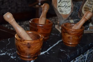 Three Vintage Handmade Olive Wood Mortar and Pestle Rustic Kitchen Grinder - Picture 1 of 7