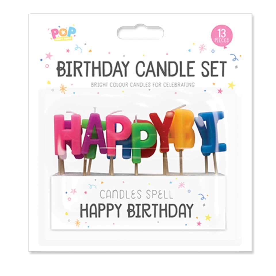 Juego de velas con letras de pastel de feliz cumpleaños - 13 velas con letras de colores Foto 1 de 1