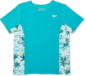 Speedo Girl's UV Swim Shirt Short Sleeve Printed Rashguard, Small-Aruba Blue - Picture 1 of 4