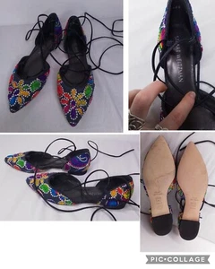 Stuart Weitzman Lace Up Flats Women's 6.5 Embroidered Pointed Toe #J1942 - Picture 1 of 10