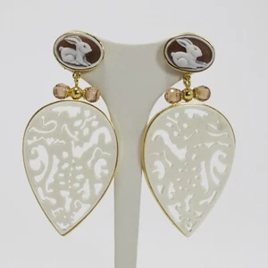 ORECCHINI IN ARGENTO 925 DORATO CON CAMMEO CONIGLIO CITRINO E OSSO AGHT 0722 - Foto 1 di 3