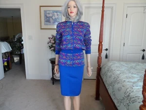 Valentino Royal Blue Multi Wool Santana Knit Skirt/Jacket Set Size EU 40/US 8 - Picture 1 of 12