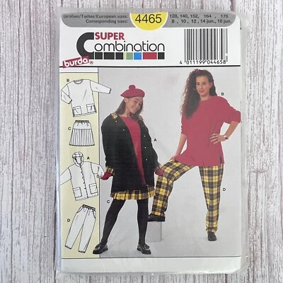 BURDA Pattern 4465 Girls Top Hooded Jacket Pleated Skirt Pants 8-10-12-14-16 NEW - Image 1 of 4