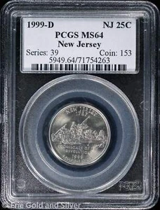 1999-D 25C New Jersey State Quarter PCGS MS 64 | Uncirculated UNC BU - Picture 1 of 4