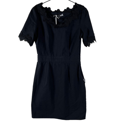 Abito da donna Love Moschino nero applique cuori lunghezza ginocchio LBD 6 nuovo