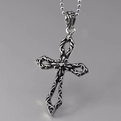 silver cross black crystal pendant stainless steel ball chain necklace 60cm Foto 1 de 2