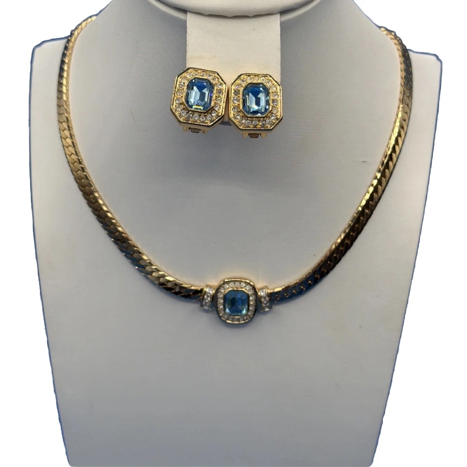 迪奥金色珠宝套装项链耳环蓝色宝石 — 第 1/4 张图片