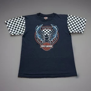 Vintage 90s Harley Davidson Roeder Checkered Flag Sleeves Ohio Shirt Size Medium - Picture 1 of 11