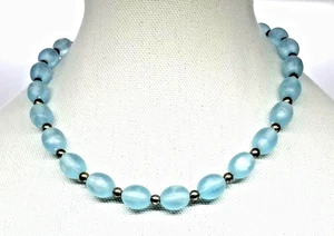 Collana Girocollo Lucite Blu Ovale Perline Argento Mare Acqua Blu Vintage 18" - Foto 1 di 10