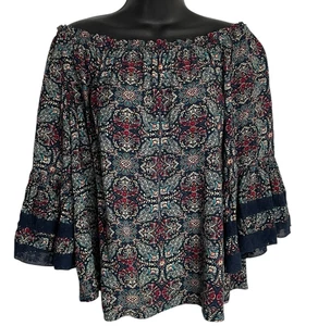 Solitaire Boho Blouse Womens L Navy Paisley Floral Off Shoulder Bell Sleeve Top - Picture 1 of 8