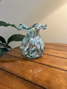 Art Glass Vase Hand Blown Ruffle Top Blue Orange White Confetti Spatter Ribbed - Picture 1 of 7