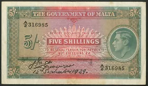 Malta, Regierung von Malta, 5 Schilling, 1939, sehr schön - Bild 1 von 2